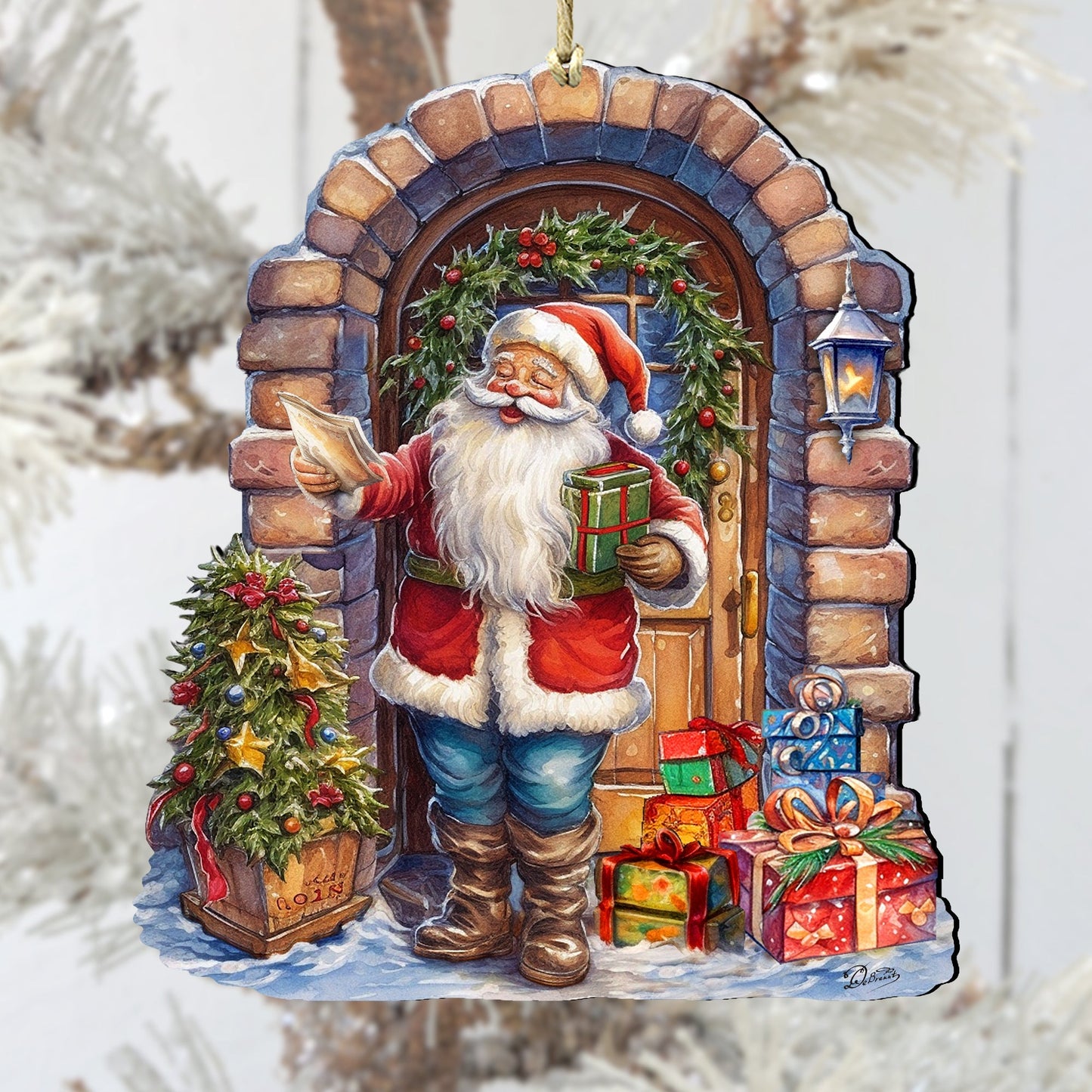 Santa's Surprise Visit Holiday Wooden Ornaments by G. Debrekht Christmas Santa Snowman Decor - 8611045
