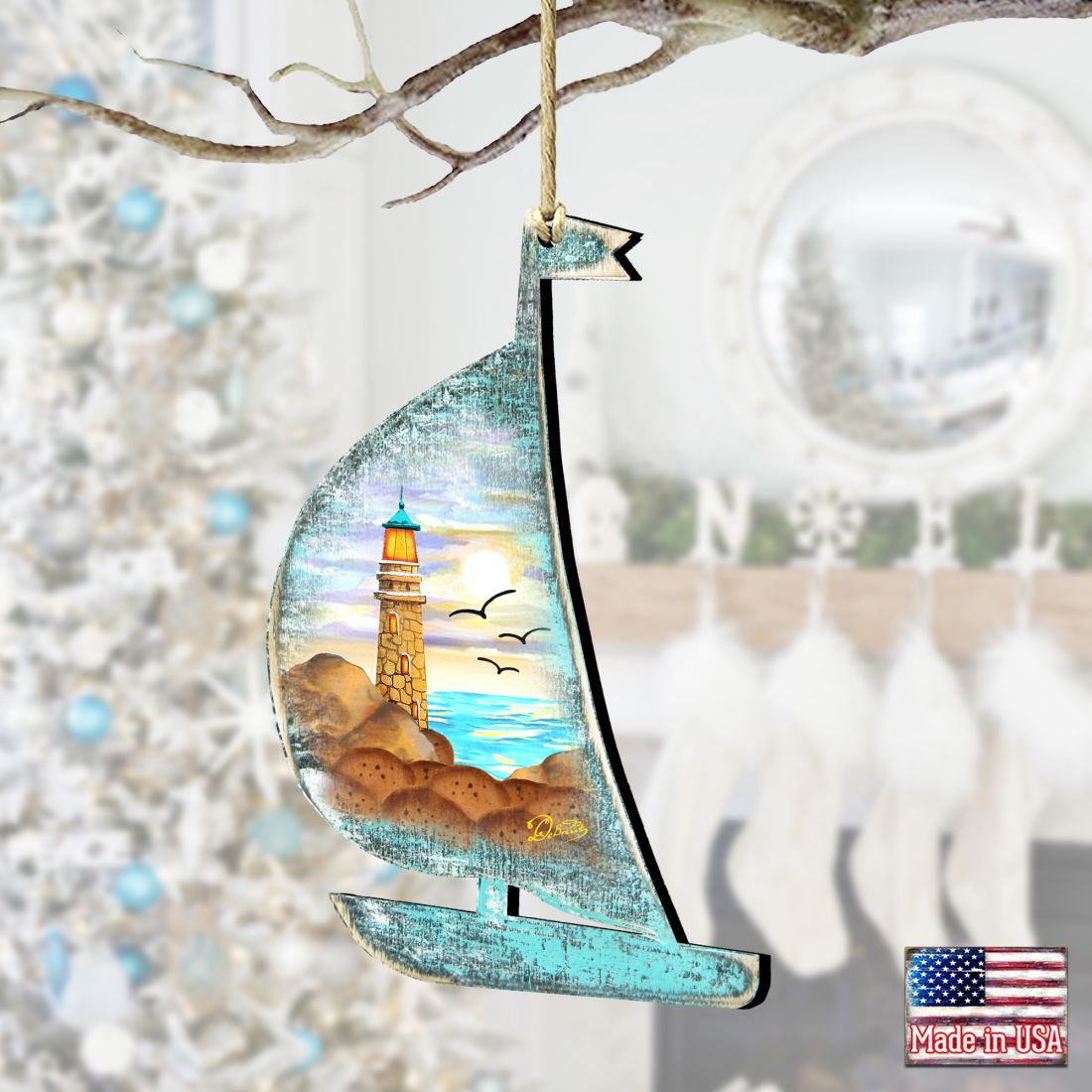 Lighthouse Boat Wooden Ornaments by G. DeBrekht - Coastal Holiday Decor - 8198524