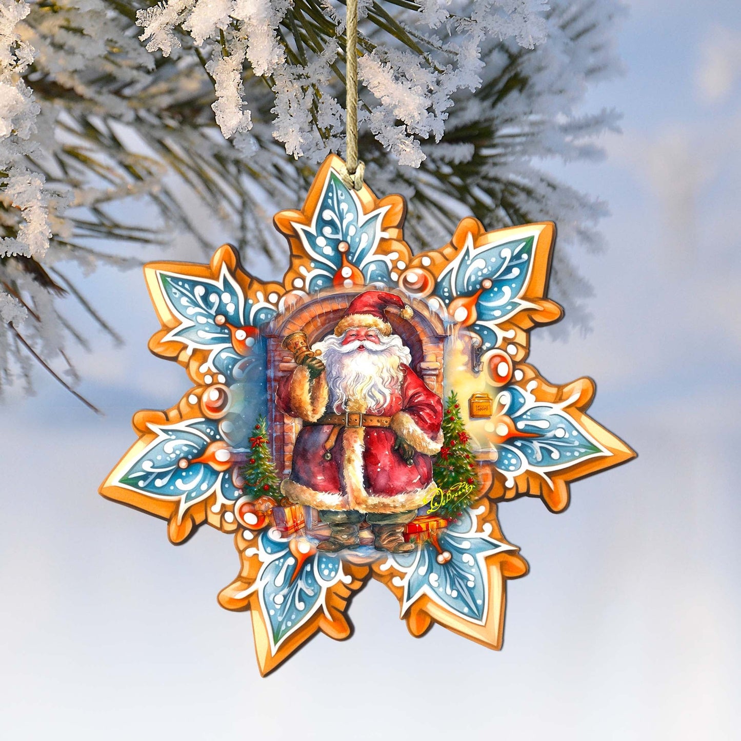 Santa with Bell Snowflake Wooden Ornaments by G. Debrekht - Christmas Santa Snowman Decor - 8688419