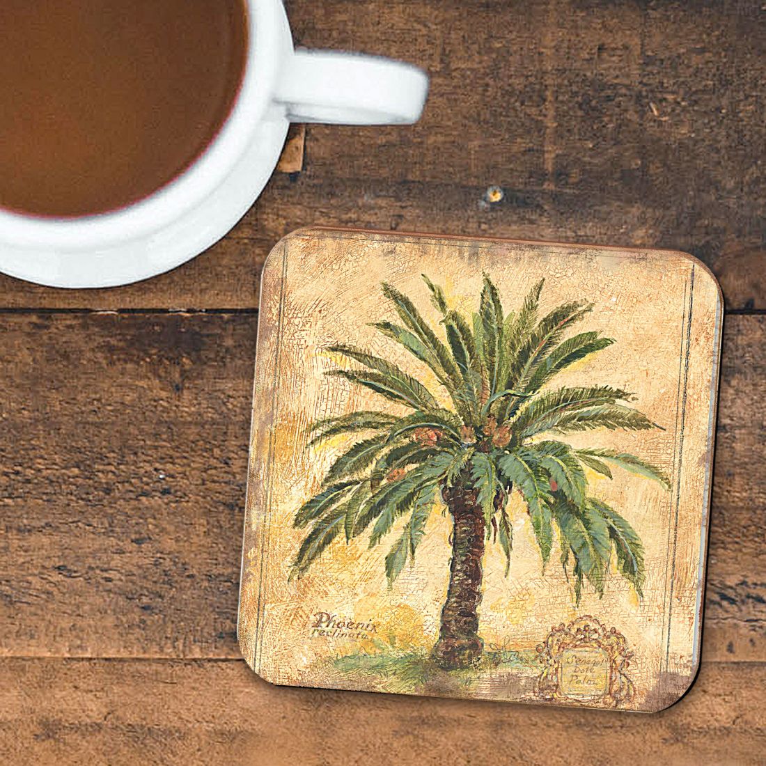 Palm Tree Coastal Wooden Cork Coasters Gift Set of 4 by Nature Wonders - Coastal Sea-Life Decor - 8198630C-S4