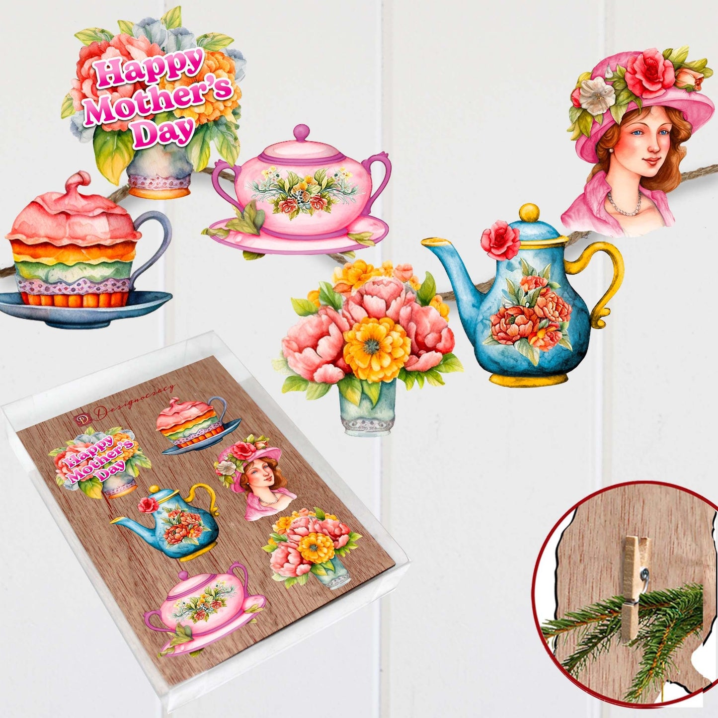 Happy Mother's Day Decorative Wooden Clip-on Ornaments Set of 6 by G. Debrekht - Love Family Decor - 8090059C-S6