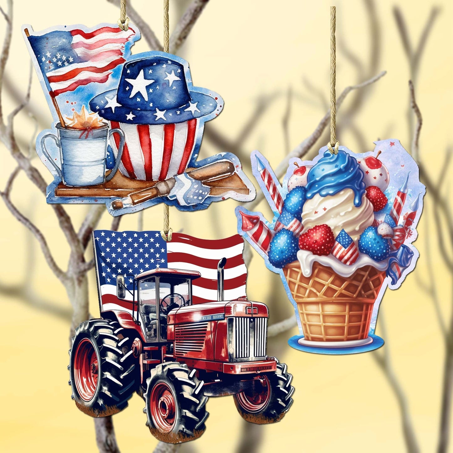 American Farmhouse Decorative Wooden Ornaments Set of 3 by G. Debrekht - Patriotic Decor - 8091001-S3