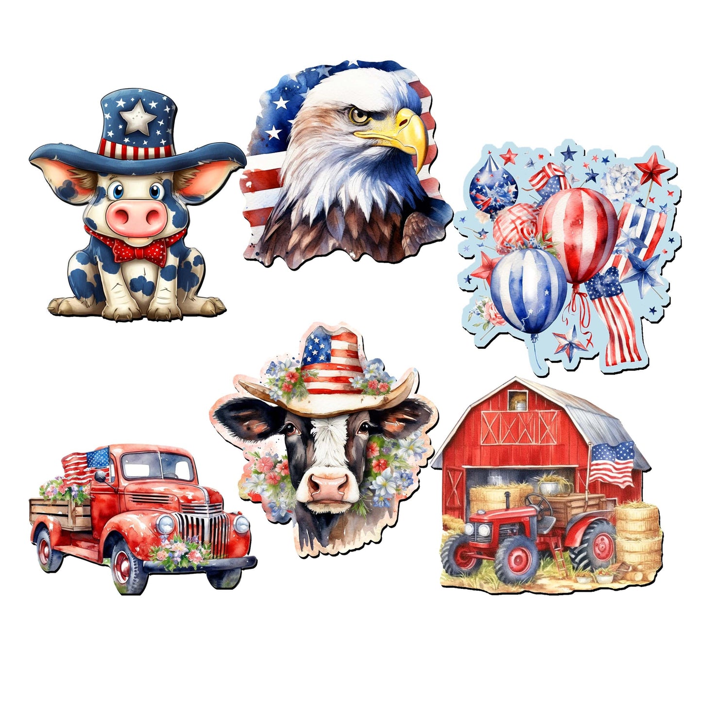 American flag Decorative Wooden Magnets Set of 6 by G. Debrekht - Patriotic Decor - 8090002G-S6