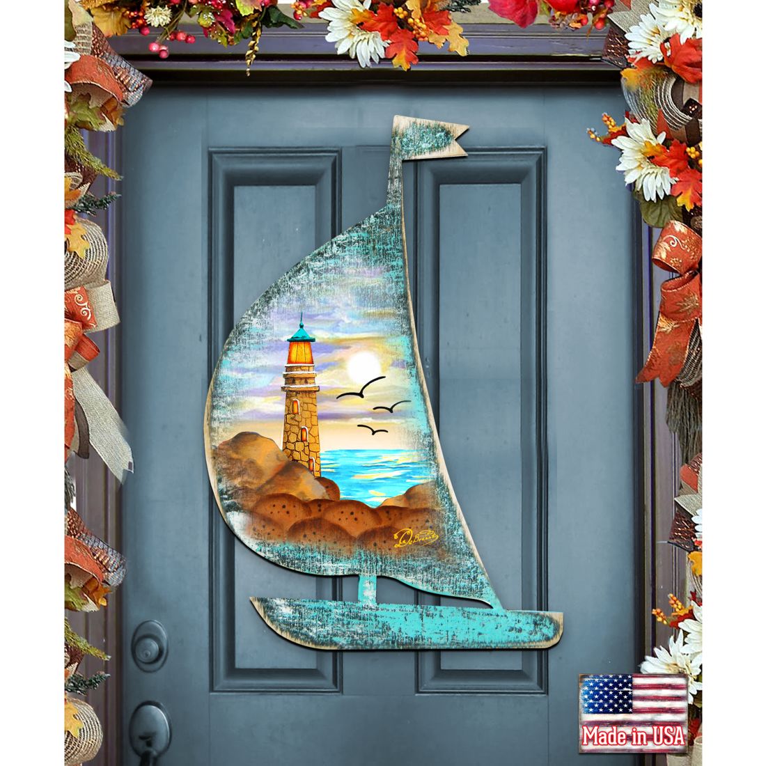 Lighthouse Boat Decorative Door Decor by G. DeBrekht - Coastal Holiday Decor - 8198524H