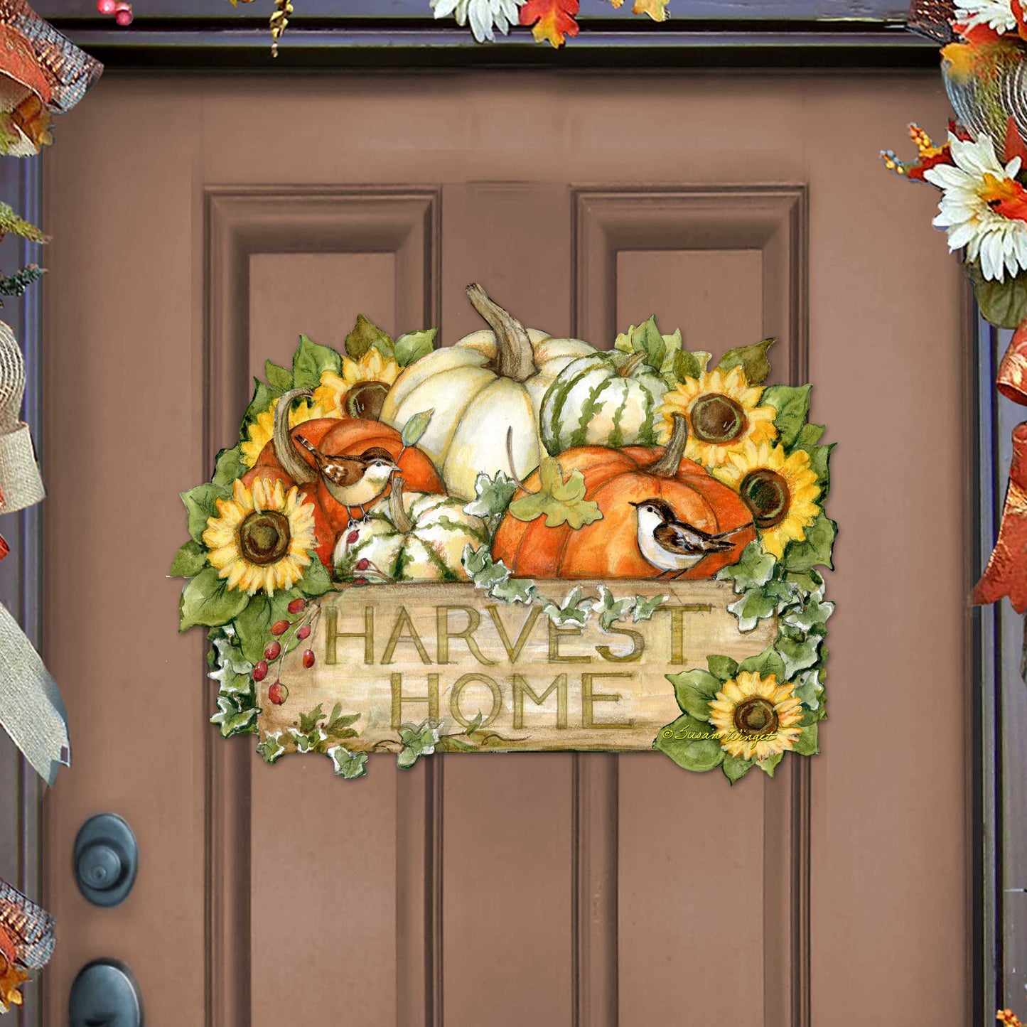 Harvest Welcome Sign - Fall Decoration Cornucopia Door Decor Handmade Gift by Susan Winget Autumn Porch Decor - 8471210H-SW