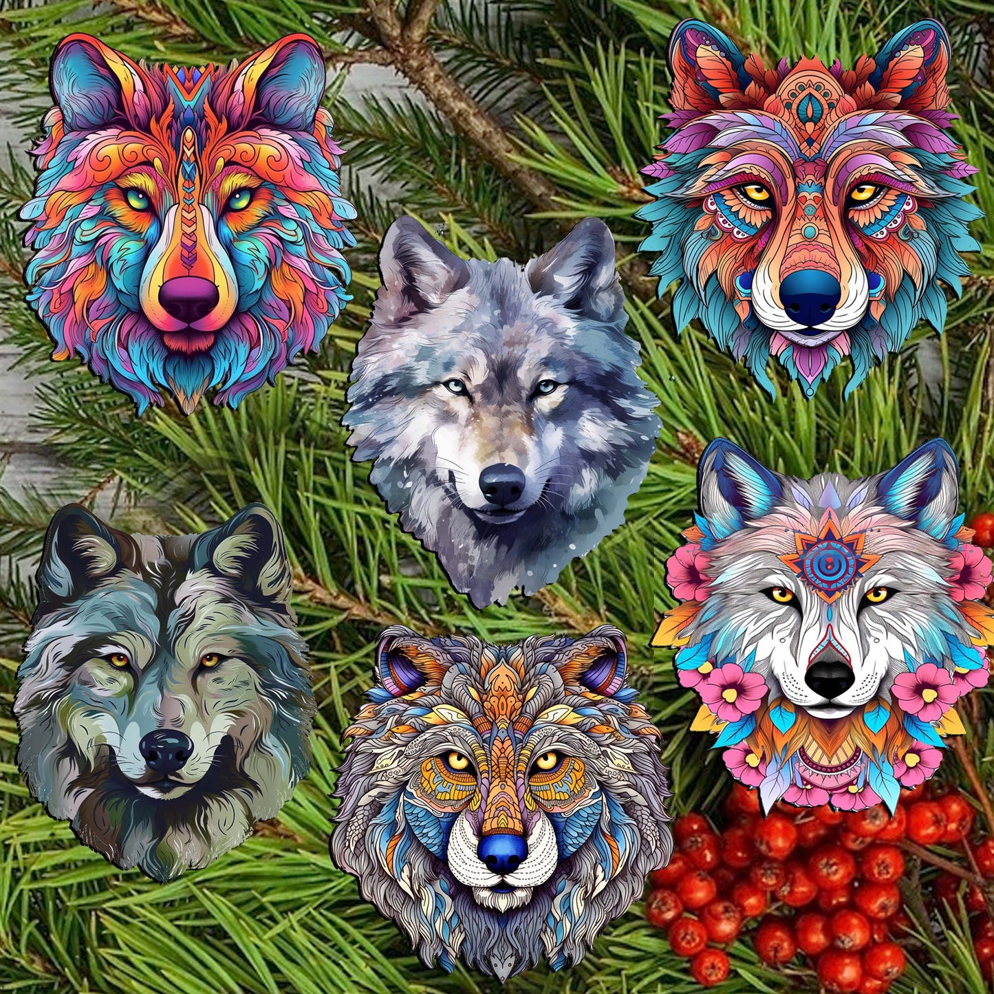 Enigmatic Wolves Decorative Wooden Clip-on Ornaments Set of 6 by G. Debrekht - Wildlife Decor - 8090113C-S6