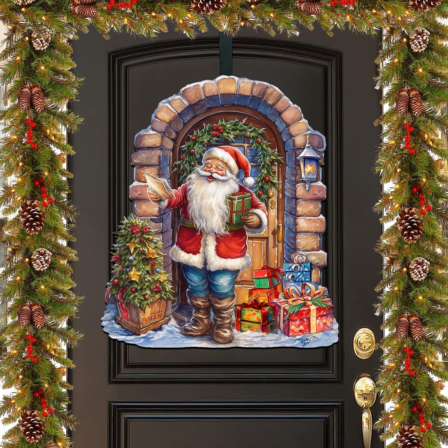 Santa's Surprise Visit Holiday Door Decor  by G. Debrekht - Christmas Santa Snowman Decor - 8611045H