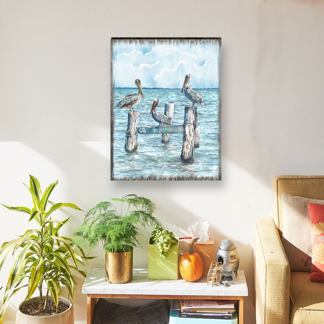Waiting for a Catch Pelicans Wooden Coastal Wall Art by Nature Wonders - Coastal Sea-Life Decor - 95252-5B