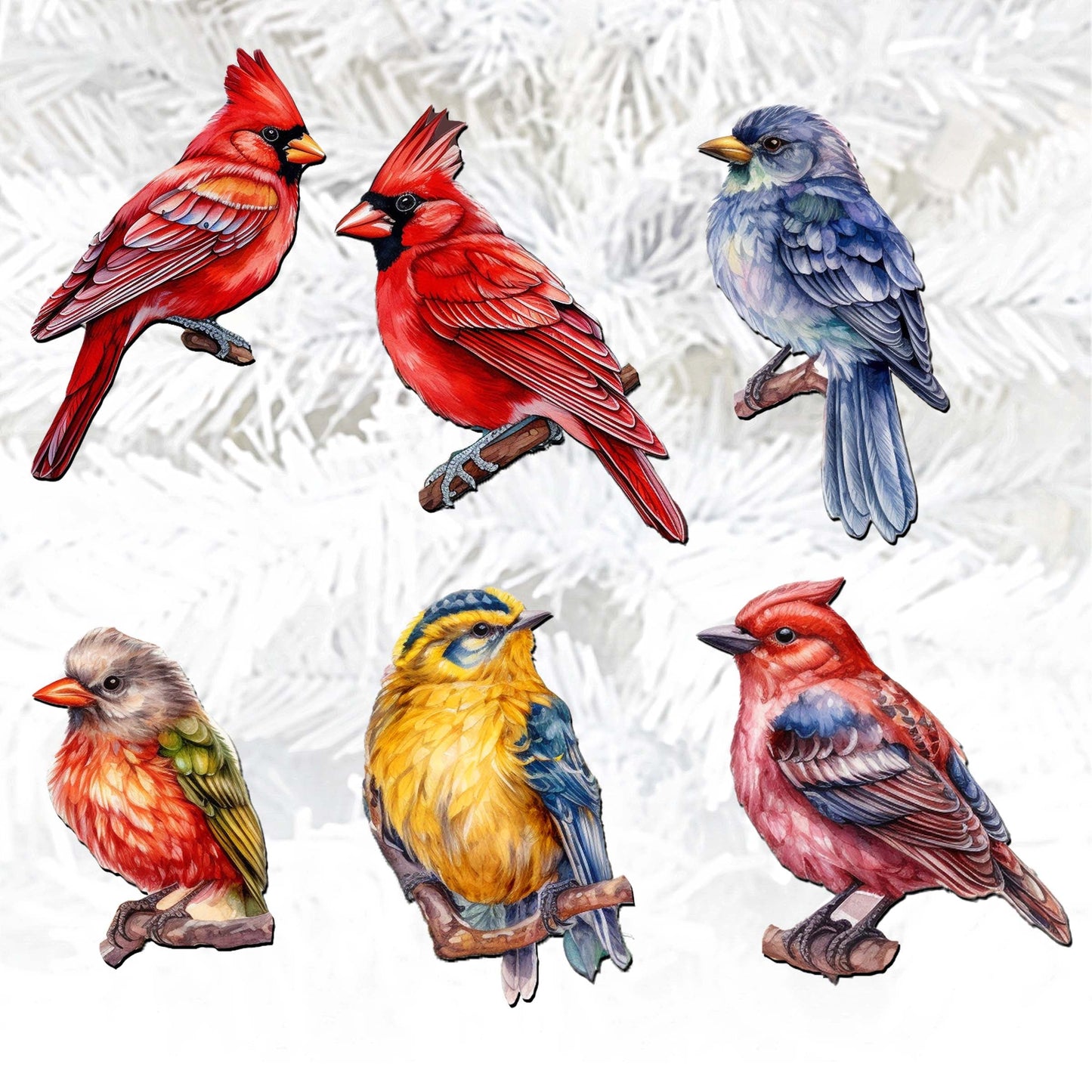 Winter Birds Decorative Wooden Clip-on Ornaments of 6 by G. Debrekht - Christmas Decor - 8090005C-S6