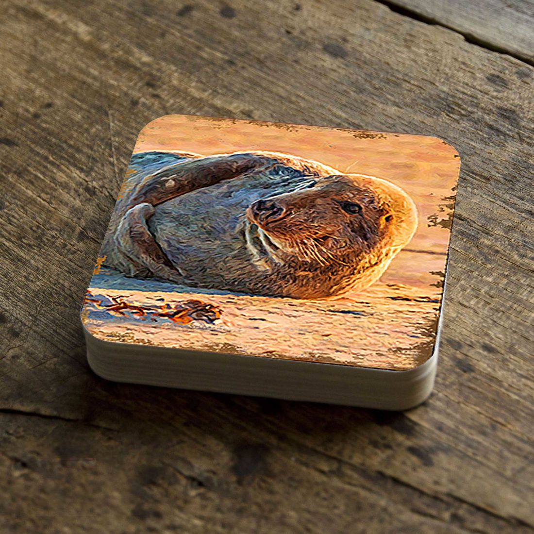 Seal Coastal Wooden Cork Coasters Gift Set of 4 by Nature Wonders - Coastal Sea-Life Decor - 95260C-S4