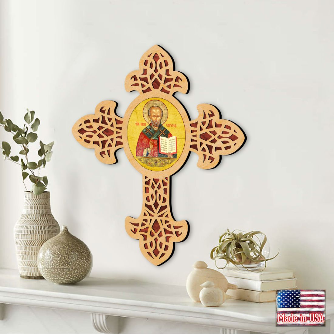 Saint Nicholas Pointy Wooden Cross by Museum Icons - Inspirational Icon Decor - 88321