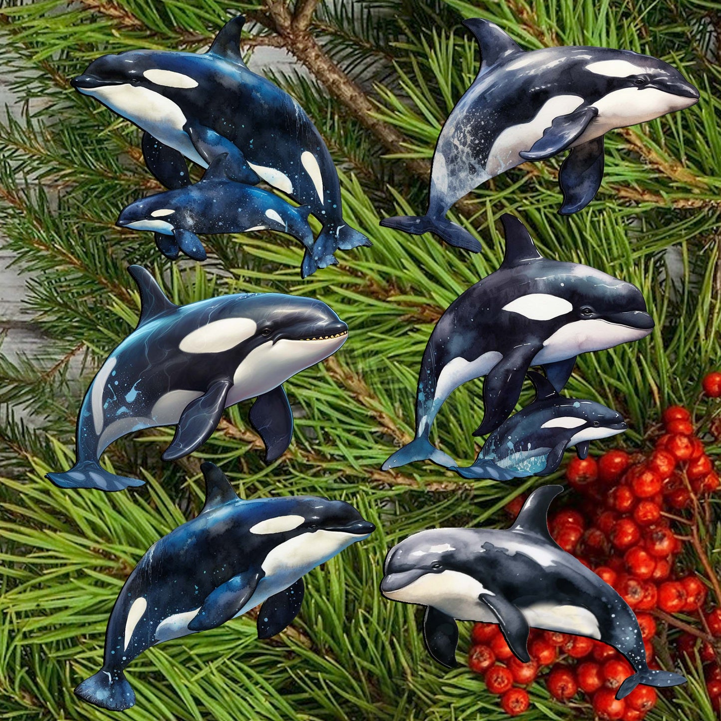 Majestic Orcas Decorative Wooden Clip-on Ornaments Set of 6 by G. Debrekht - Wildlife Decor - 8090102C-S6