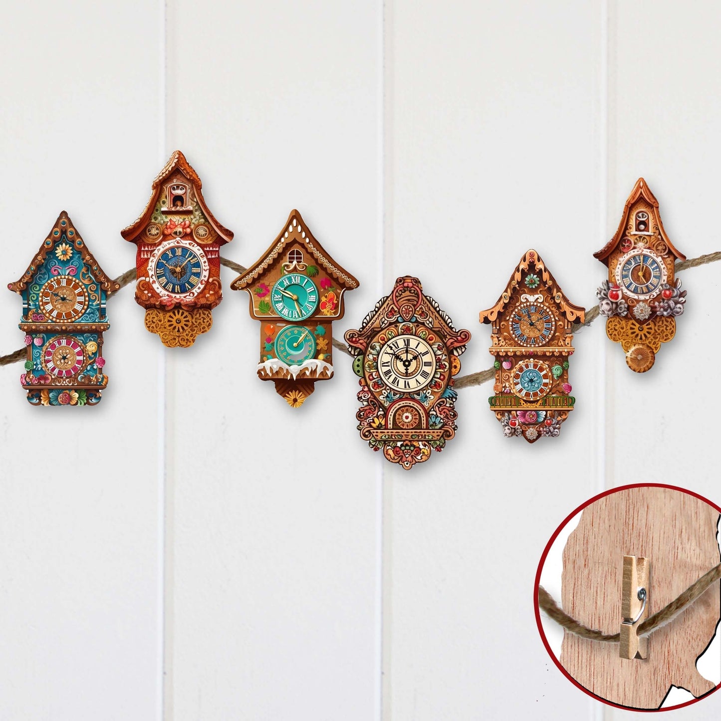Miniature clock Decorative Wooden Clip-on Ornaments Set of 6 by G. Debrekht - Christmas Decor - 8090020C-S6