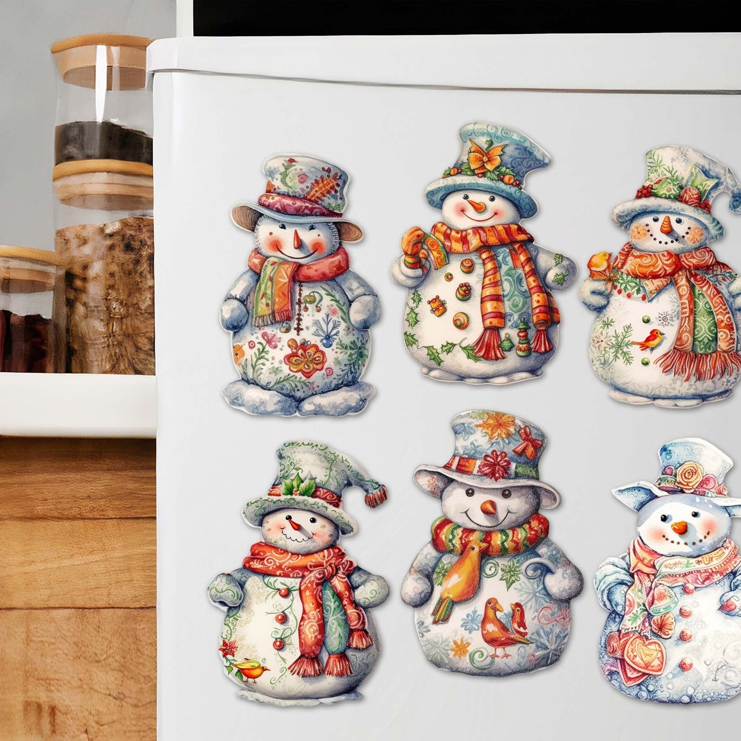 Snowman Decorative Wooden Magnets Set of 6 by G. Debrekht - Christmas Santa Snowman Decor - 8090023G-S6