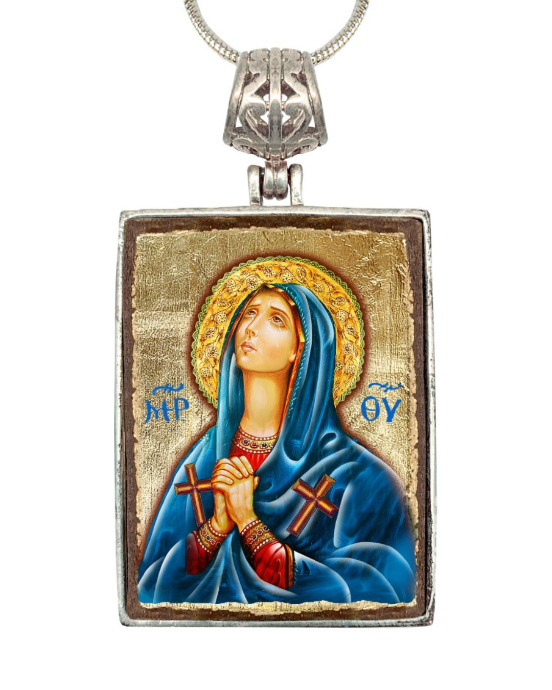 Maria Magdalena Religious Jewelry Silver Plated Necklace, Gold-Plated Wooden Cabochon - Christian Sacred Icon - Inspirational Icon Decor - 43014R