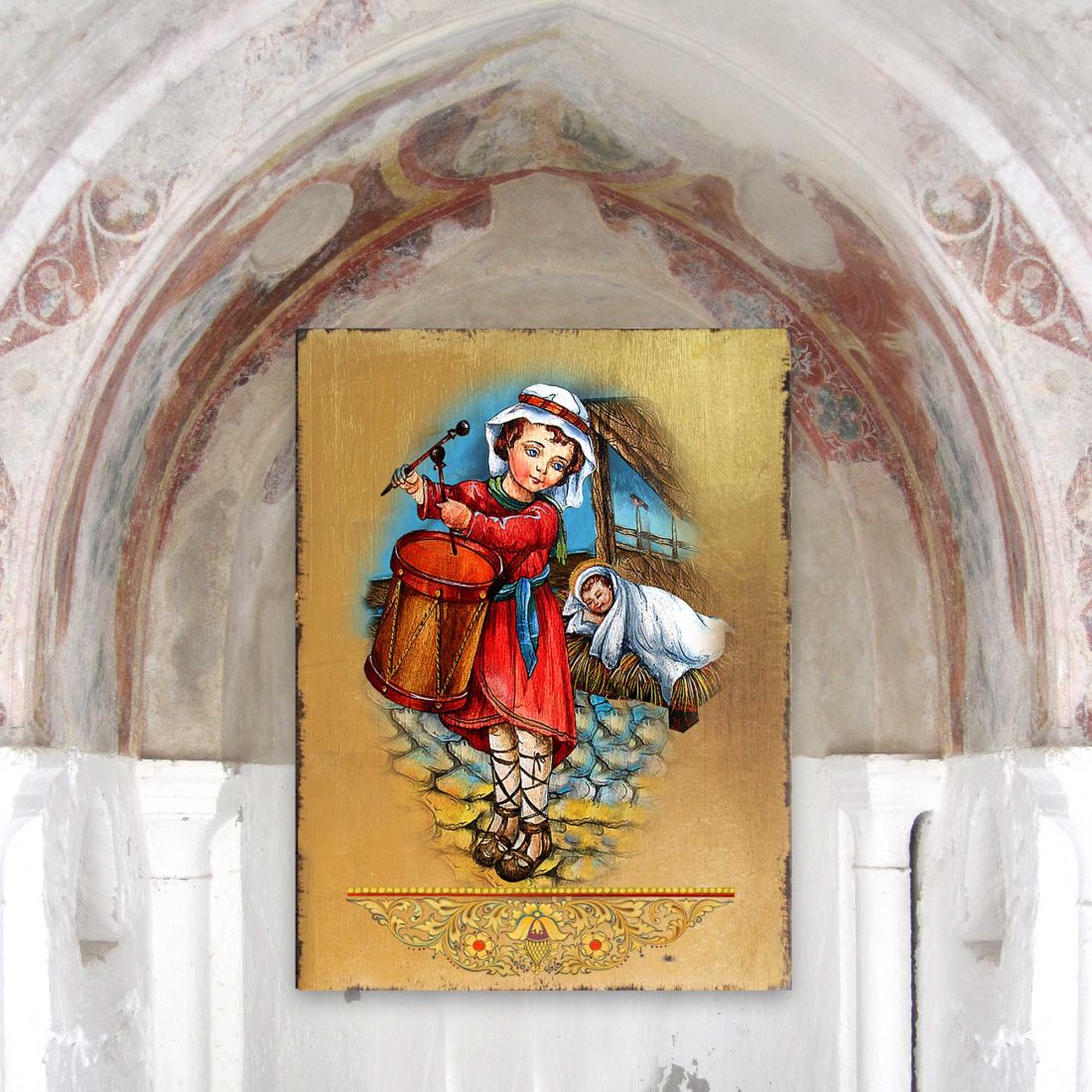 Drummer Boy Wooden Gold Plated Religious Christian Sacred Icon - Inspirational Icon Decor - 85044