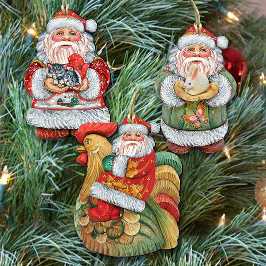 Home Christmas Santa Wooden Ornaments Set of 3 by G. DeBrekht - Christmas Santa Snowman Decor - 8100008S3