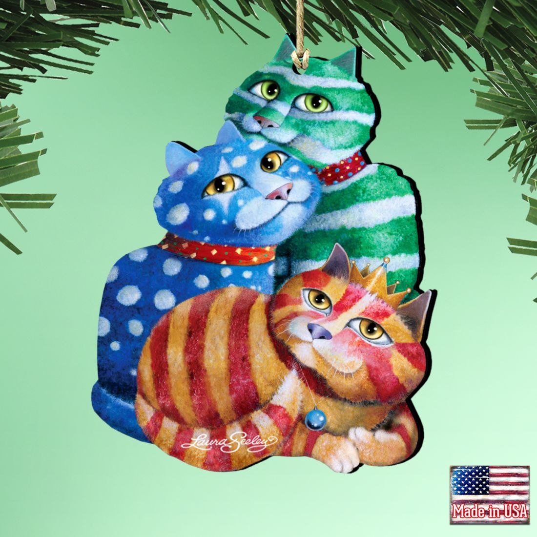 Gift Wrapped Cat Wooden Ornaments by Laura Seeley - Pets Dog and Cats Decor - 8512066-LS