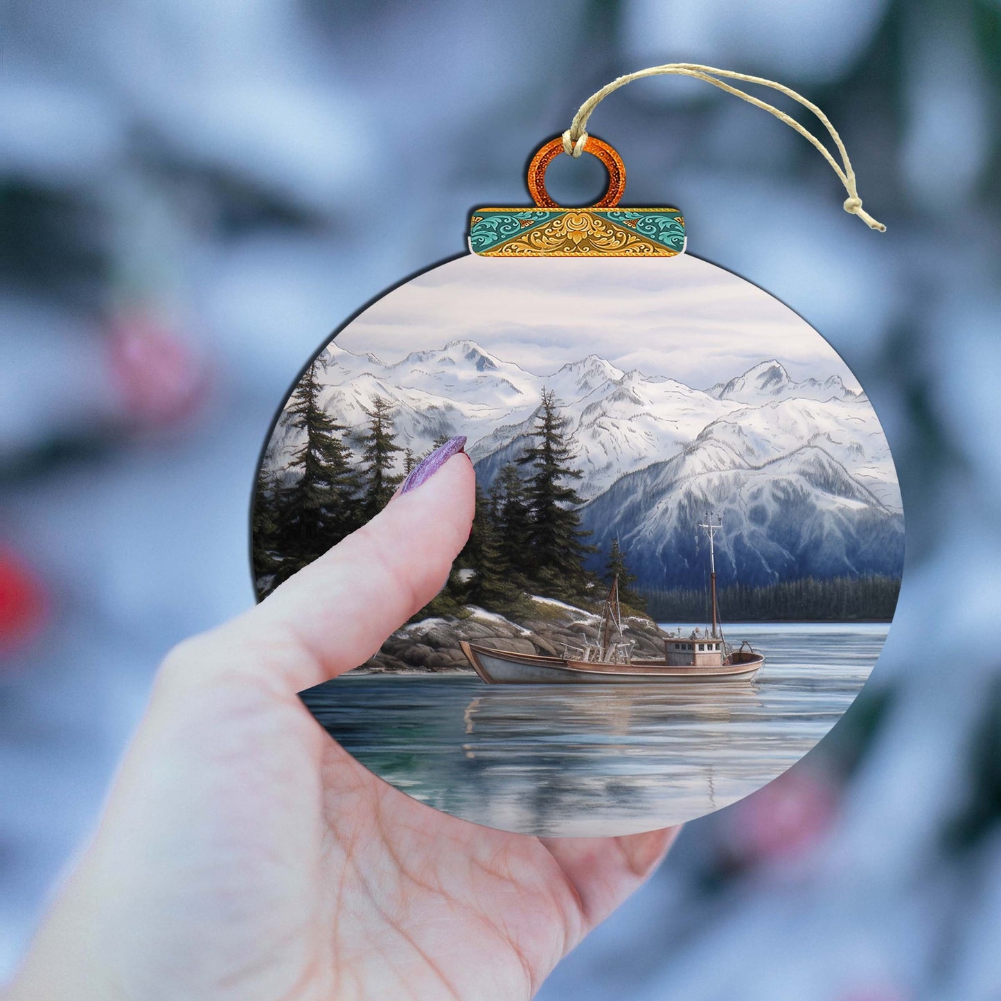 Fishing Boat in Alaska's Mountains Wooden Ornaments by G.Debrekht - Wildlife Holiday Decor - 870068