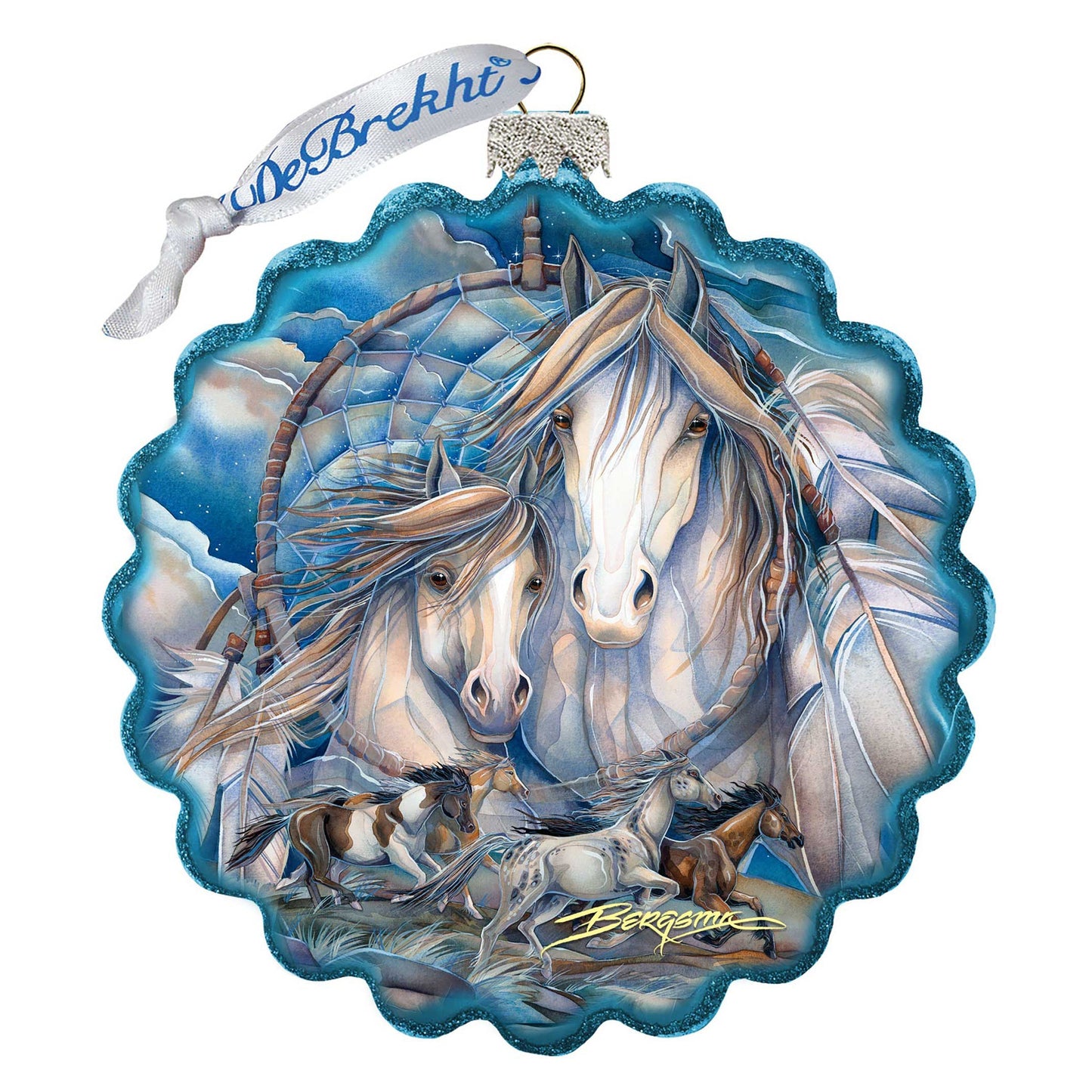 Mustangs Dream Catcher Journey Wreath Glass Ornament by J. Bergsma - Wildlife Holiday Decor - 759-637-JB