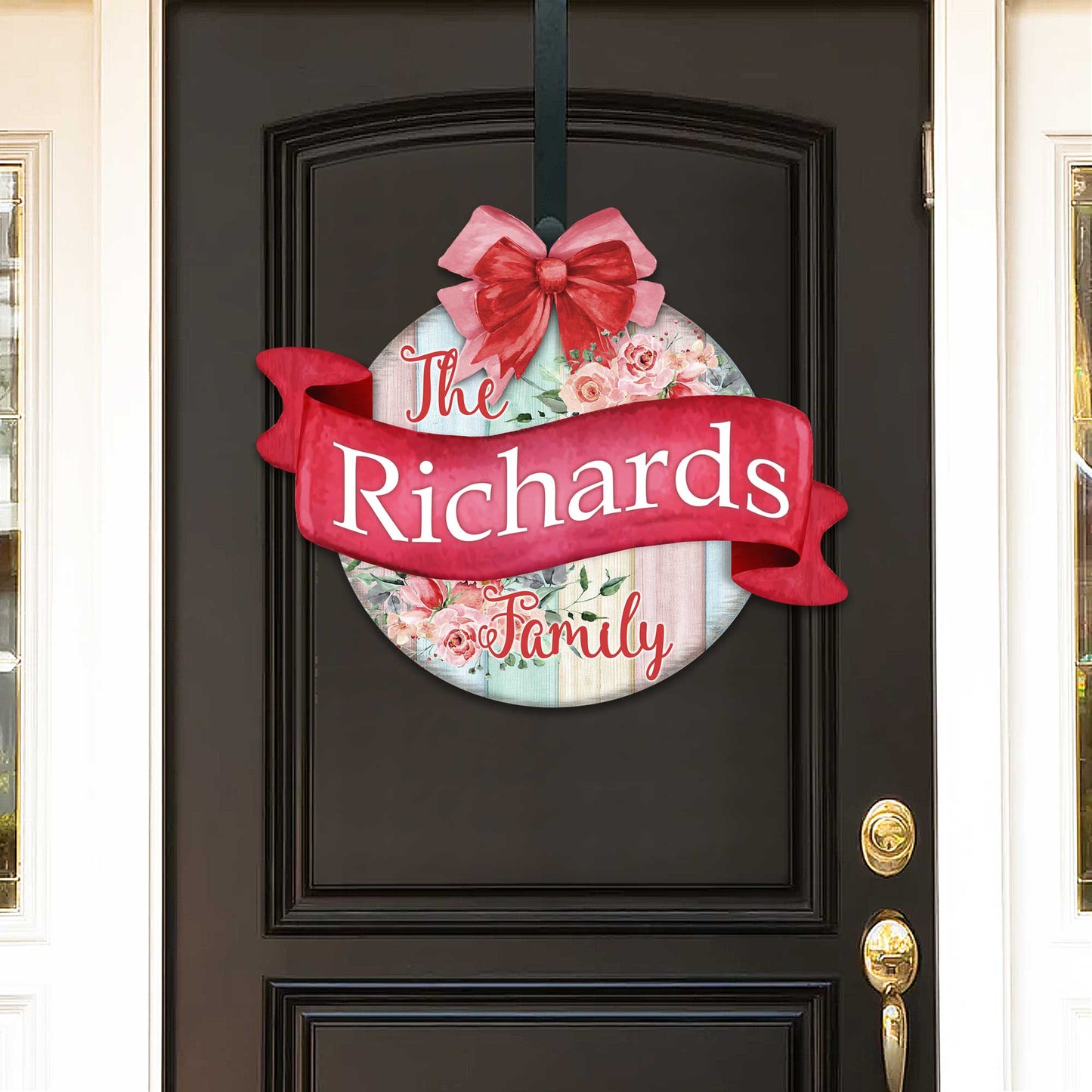 Custom front door sign Name floral porch wreath Main entrance custom Welcome sign - Wooden front porch decor - 933101HC