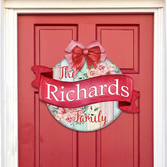 Custom front door sign Name floral porch wreath Main entrance custom Welcome sign - Wooden front porch decor - 933101HC