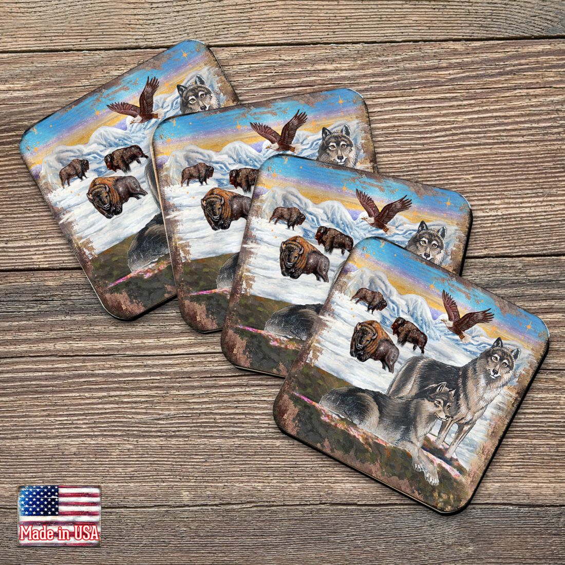 Winter Wolves Wooden Cork Coasters Gift Set of 4 by Nature Wonders - Nature Wildlife Decor  - 95222C-S4