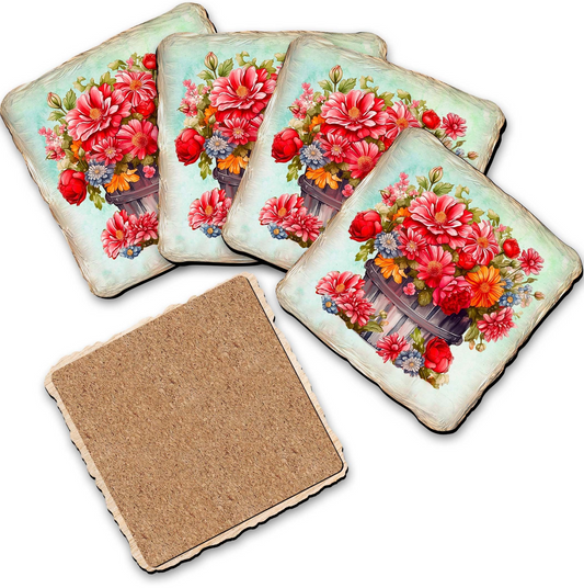 Flowers in the Basket Wooden Cork Coasters Gift Set of 4 by Nature Wonders - Nature Wildlife Decor - 95405C-S4