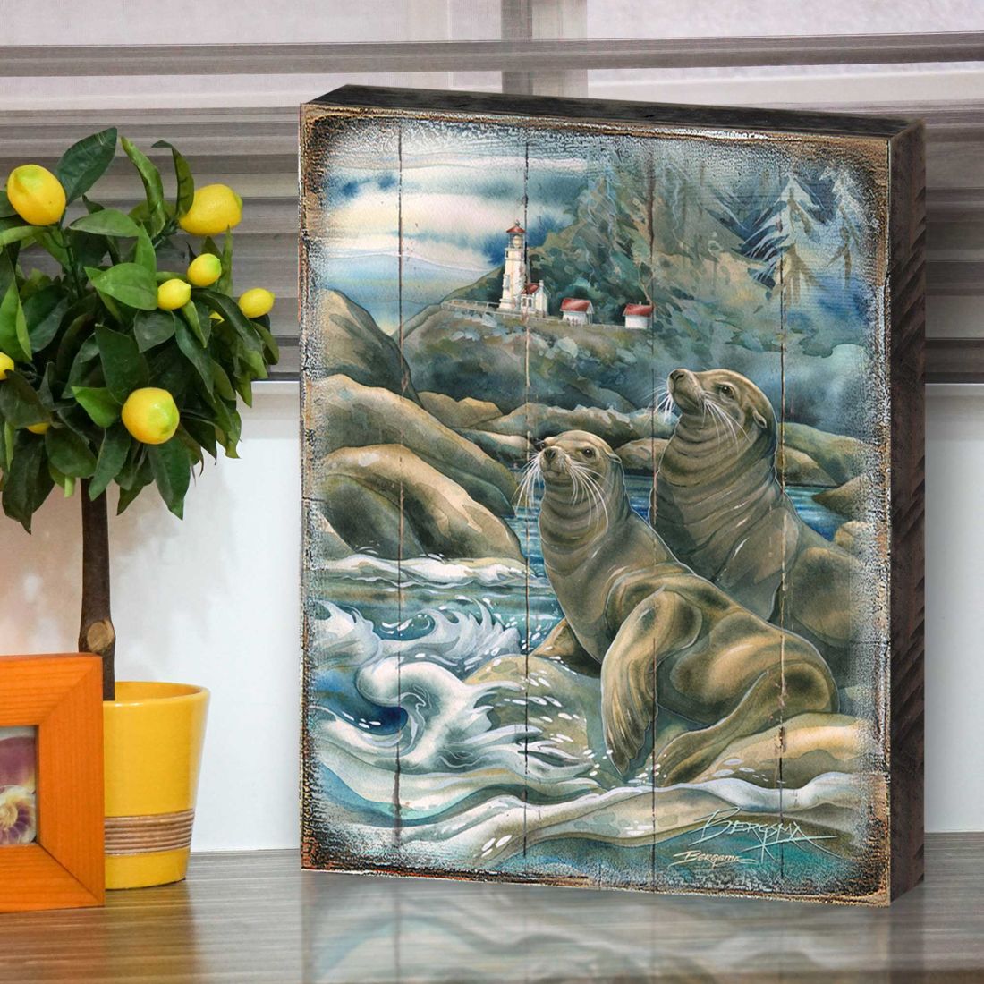 Lions of the Sea Lighthouse Caves Wooden Wall Art by J. Bergsma - Nature Wildlife Decor  - 8592883BP-JB