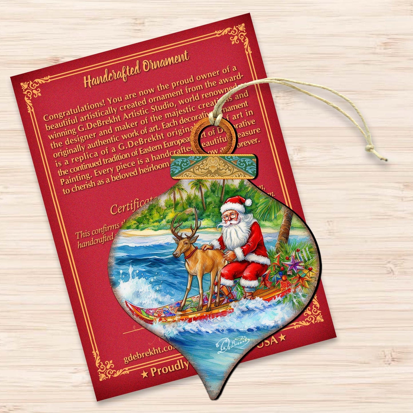 Coastal Christmas Decor - Surfing with Santa Wooden Ornaments by G.Debrekht Coastal Holiday Decor - 8688309