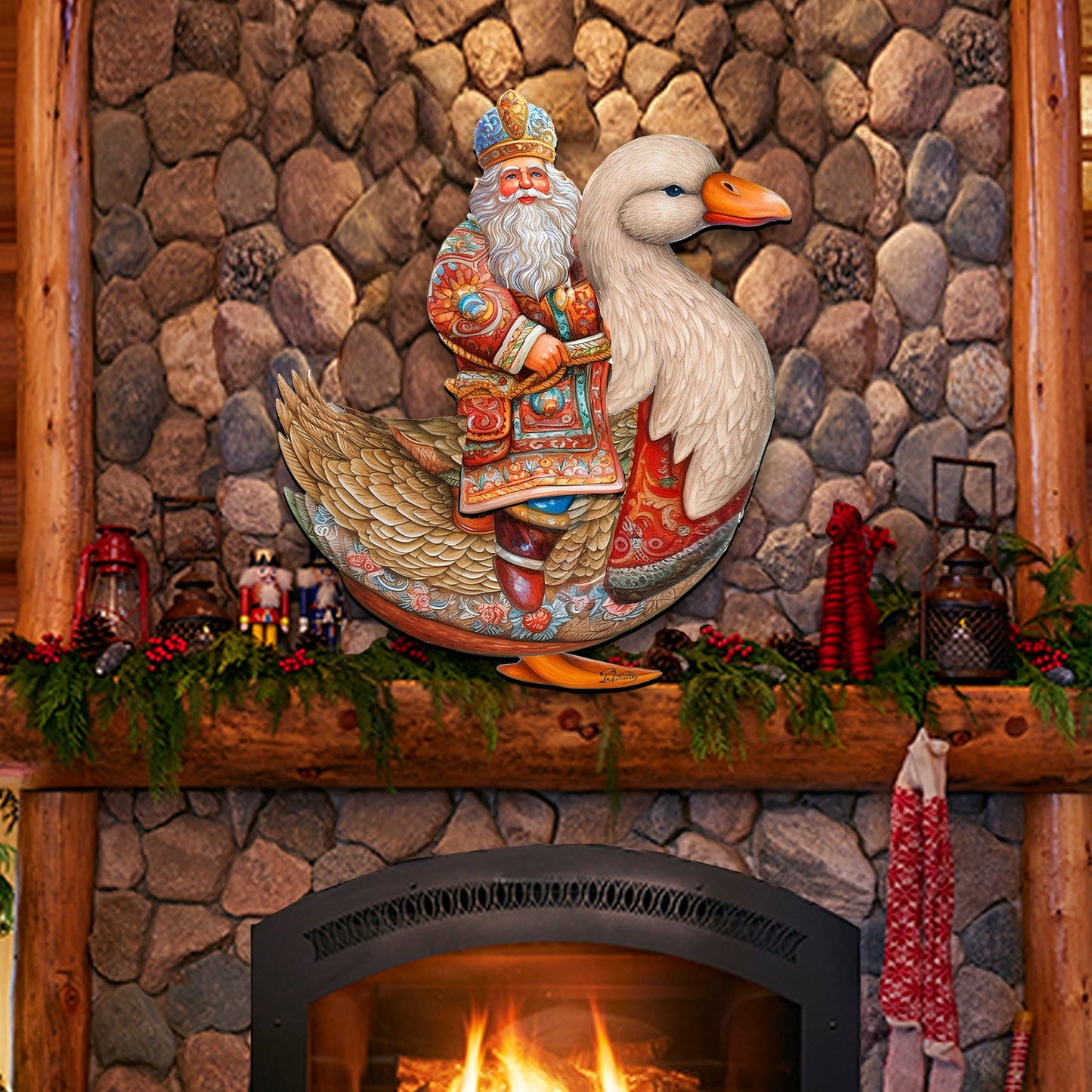 Charming Santa Riding Goose Holiday Door Decor by G. Debrekht - Christmas Santa Snowman Decor - 8611063H