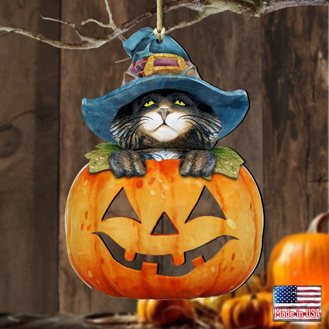 Halloween Cat Pumpkin Wooden Ornaments Fall by G. DeBrekht - Thanksgiving Halloween Decor - 8158416