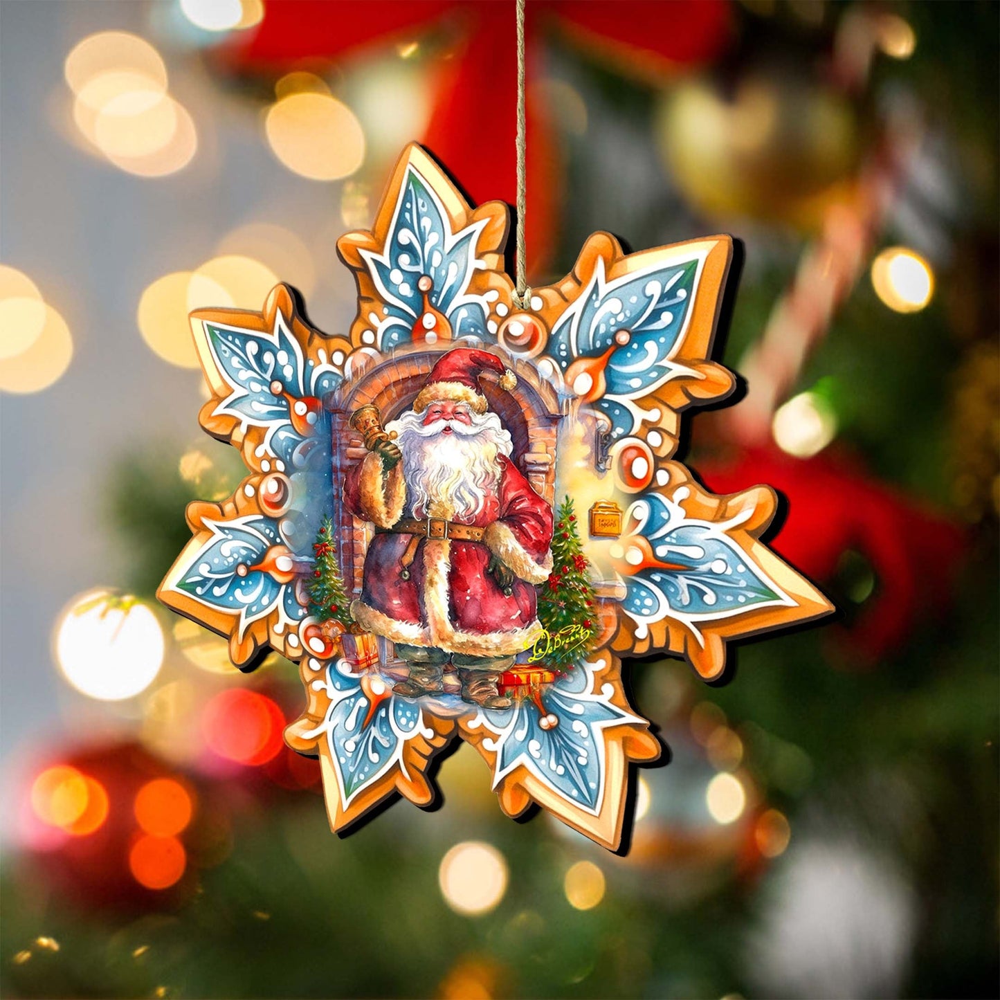 Santa with Bell Snowflake Wooden Ornaments by G. Debrekht - Christmas Santa Snowman Decor - 8688419