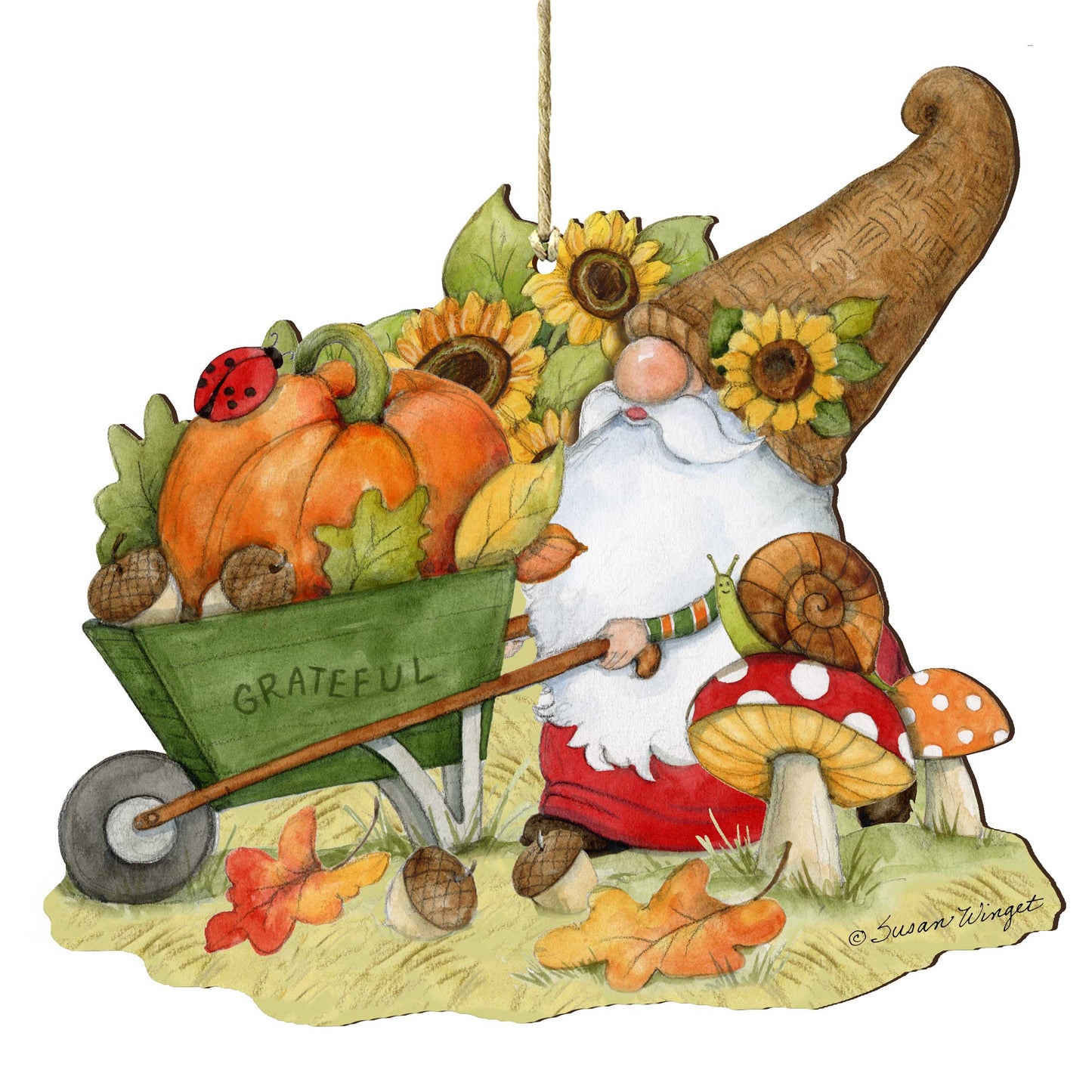 Autumn Decoration Grateful Harvest Gnome with Wheelbarrow and Cornucopia - Handmade Gift by Susan Winget - 8471207-SW
