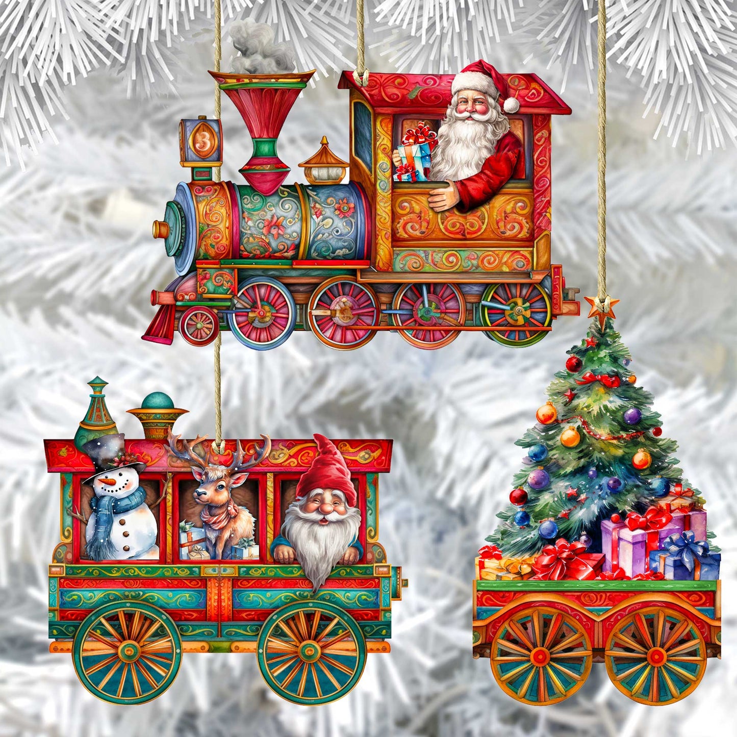 Santa's Train Wooden Ornaments Set of 3 by G. Debrekht - Christmas Decor - 8100199S3