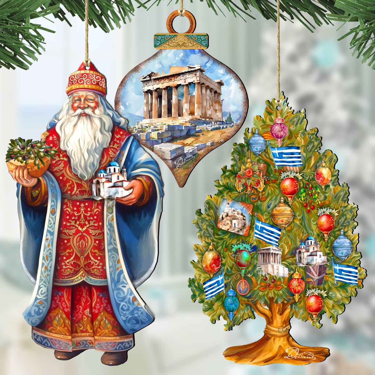 Santas Around the World - Greece Inspired Santa - Wooden Ornaments Set of 3 by G. DeBrekht Christmas Santa Snowman Decor - 8091316S3