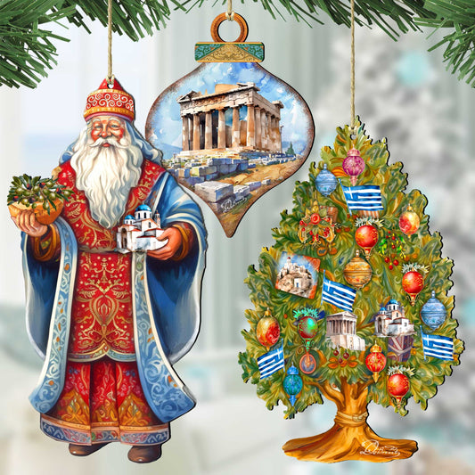 Santas Around the World - Greece Inspired Santa - Wooden Ornaments Set of 3 by G. DeBrekht Christmas Santa Snowman Decor - 8091316S3