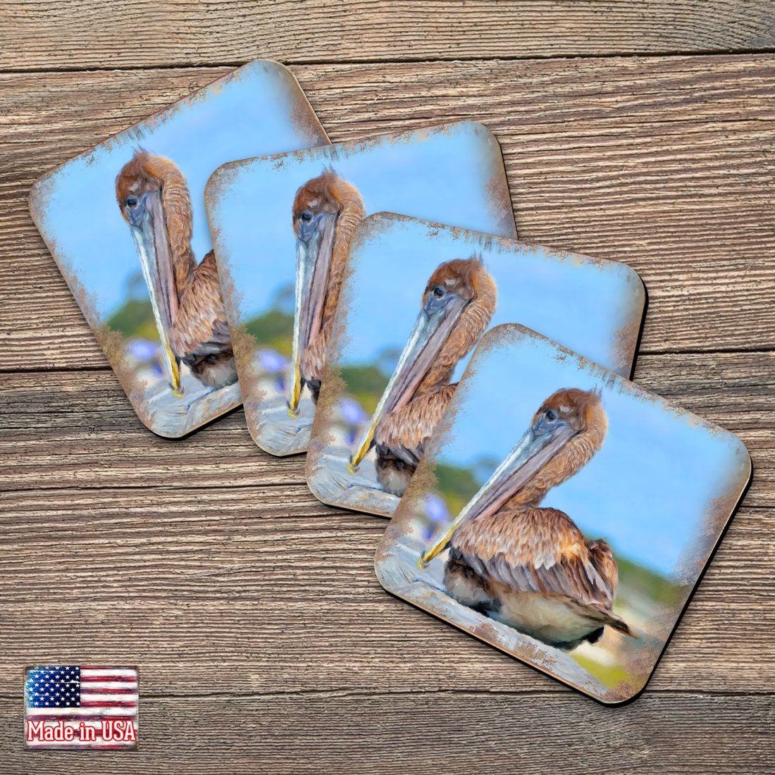 Pelican Coastal Wooden Cork Coasters Gift Set of 4 by Nature Wonders - Coastal Sea-Life Decor - 95325C-S4
