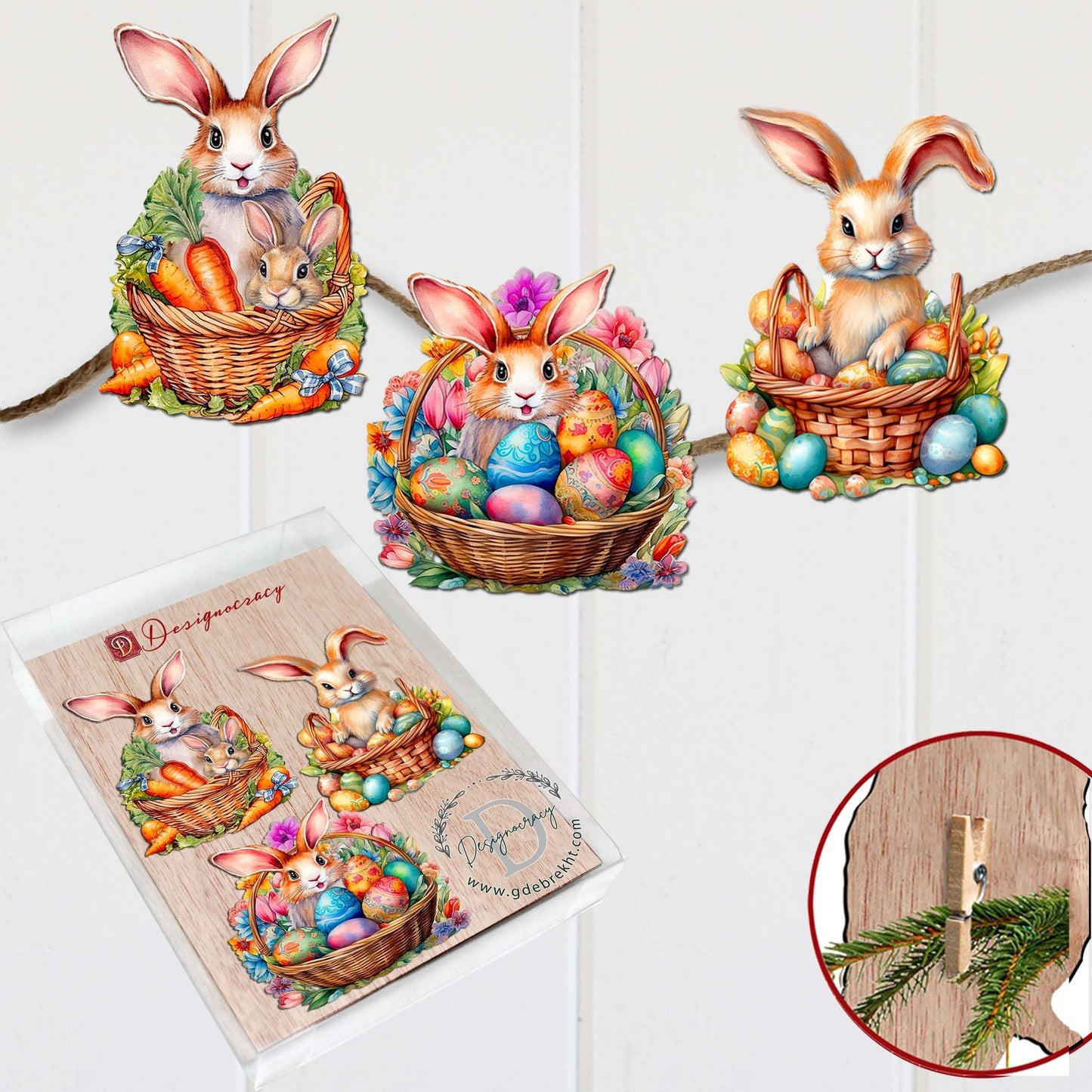 Eggs and Bunnies Decorative Wooden Clip-on Ornaments Set of 3 by G. Debrekht - Easter Decor - 8091057C-S3