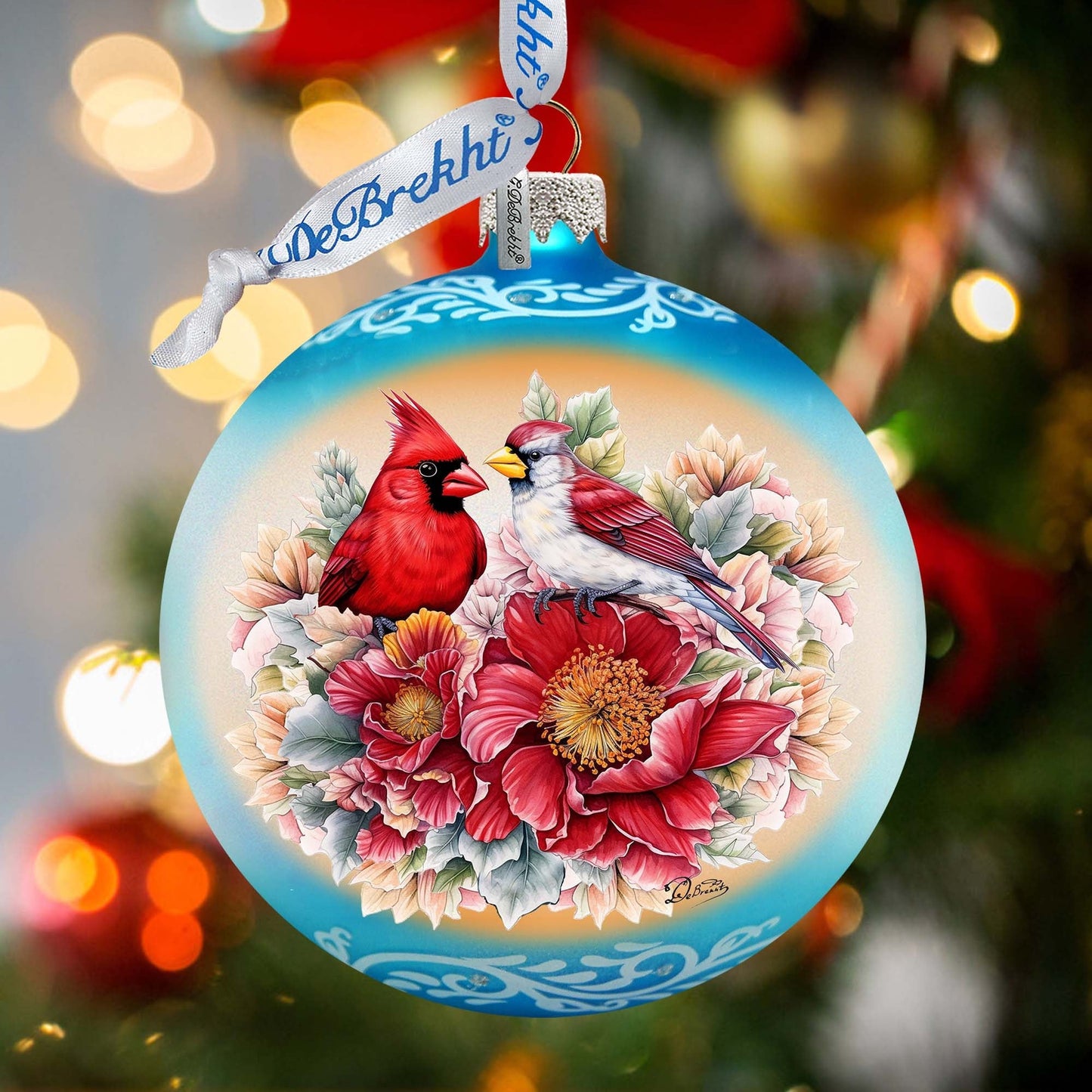 Romantic Cardinals Ball Glass Ornament by G. Debrekht - Christmas Decor - 73378