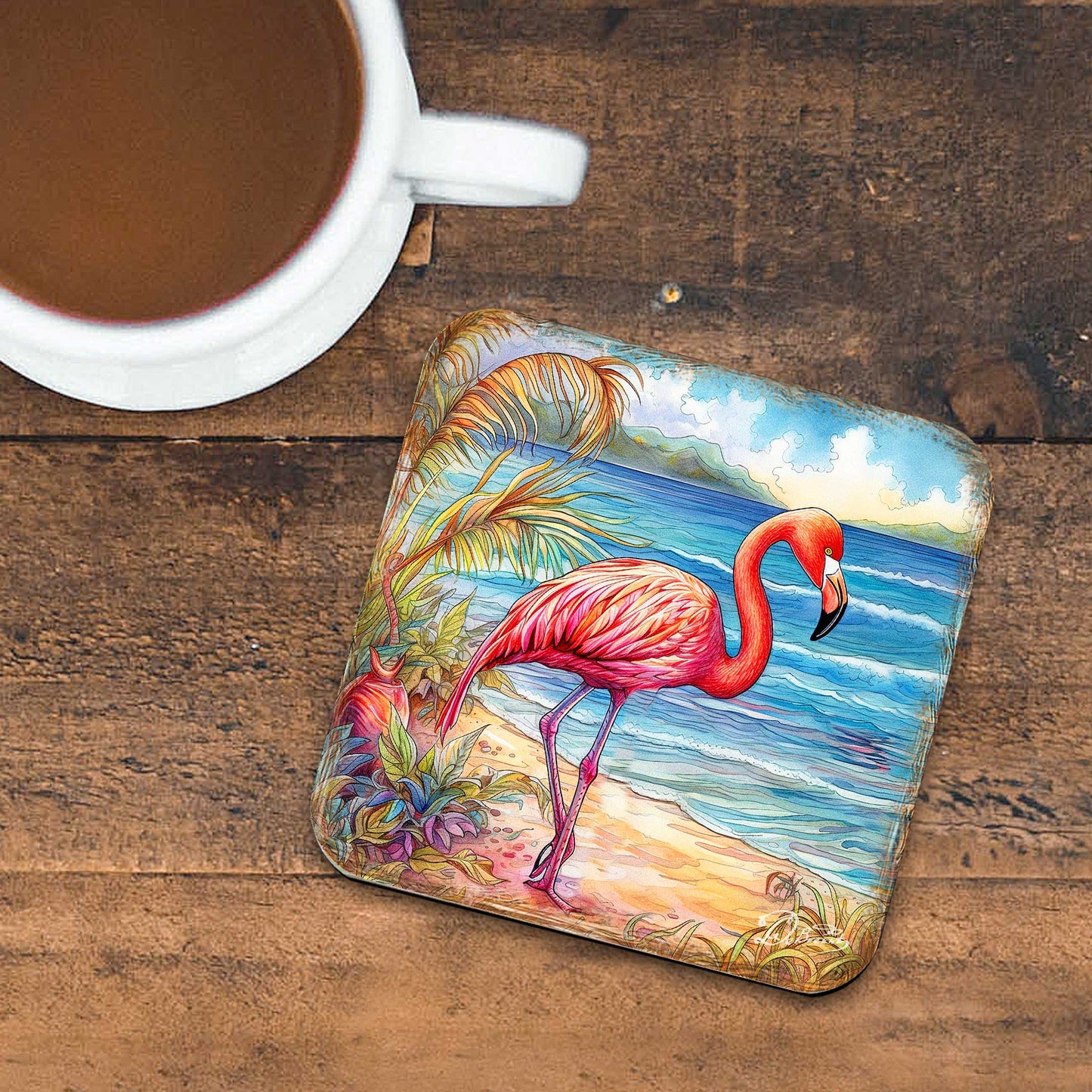 Pink Flamingo Wooden Cork Coasters Gift Set of 4 by G. Debrekht - Coastal Decor  - 8199440C-S4