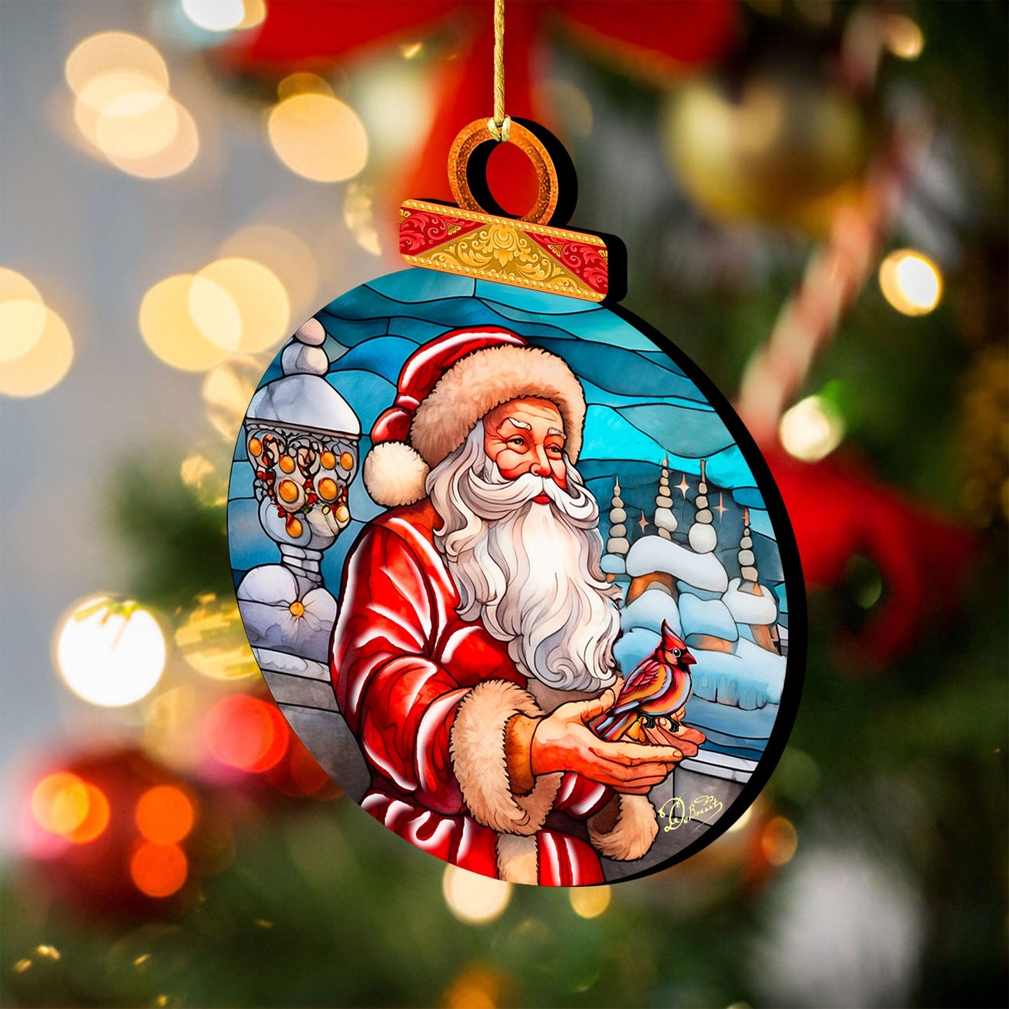 Santa with Red Cardinal Holiday Wooden Ornaments by G. Debrekht - Santa Snowman Decor - 8652807