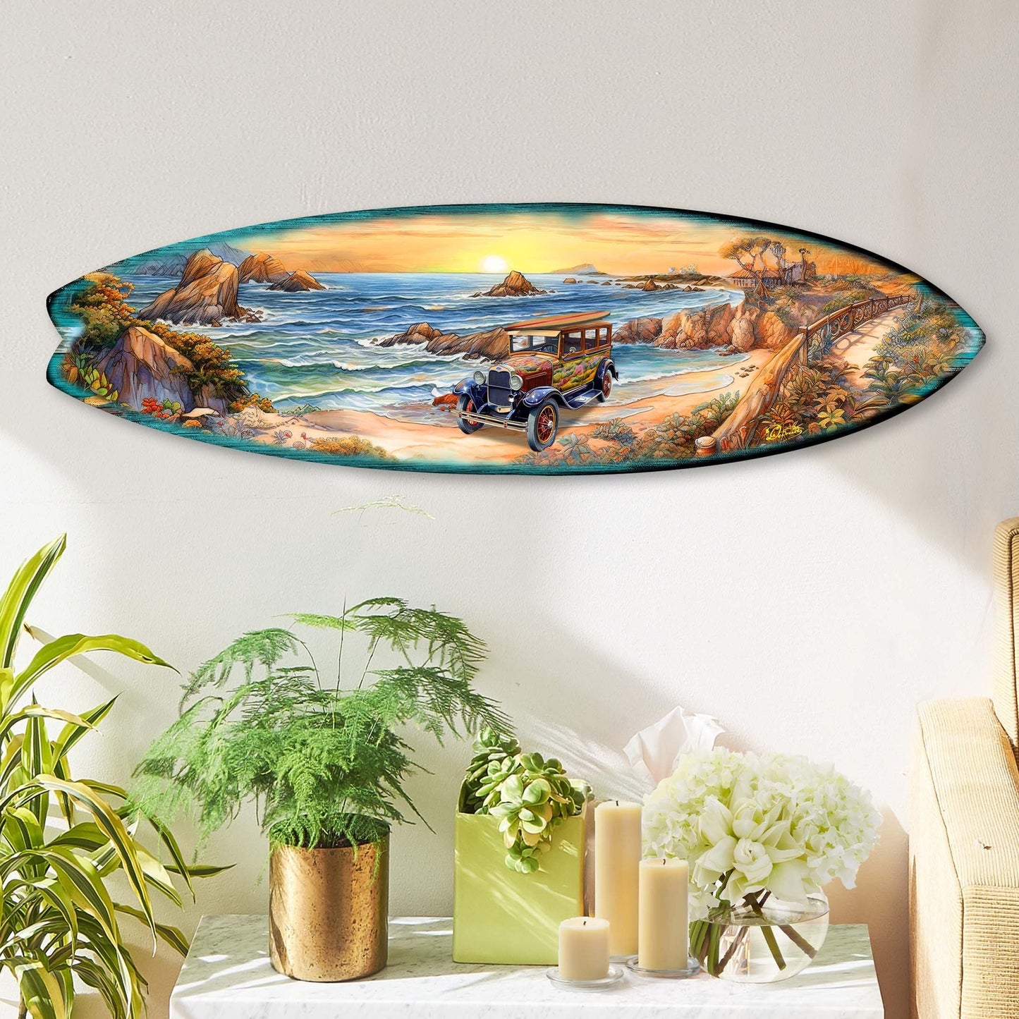 Sunrise at the Beach Surfboard Coastal Wall Art by G. DeBrekht - Coastal Holiday Decor - 8490124HS
