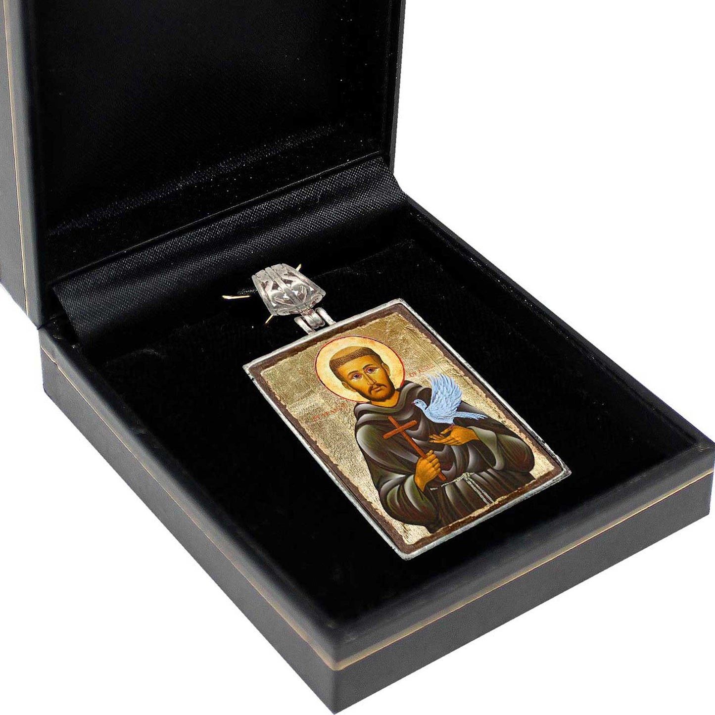 Saint Francis Religious Jewelry Silver Plated Necklace, Gold-Plated Wooden Cabochon - Christian Sacred Icon - Inspirational Icon Decor - 43024R