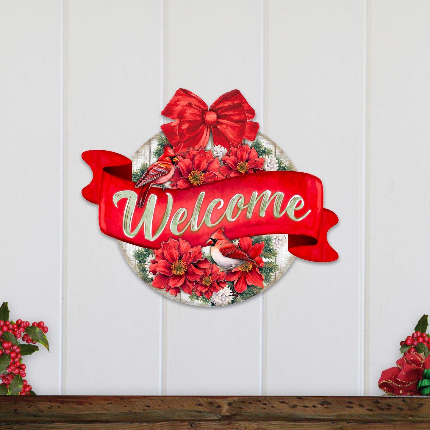 Christmas Wreath Welcome Sign Front door welcome sign Main entrance banner Welcome sign - Wooden front porch decor - 933117H