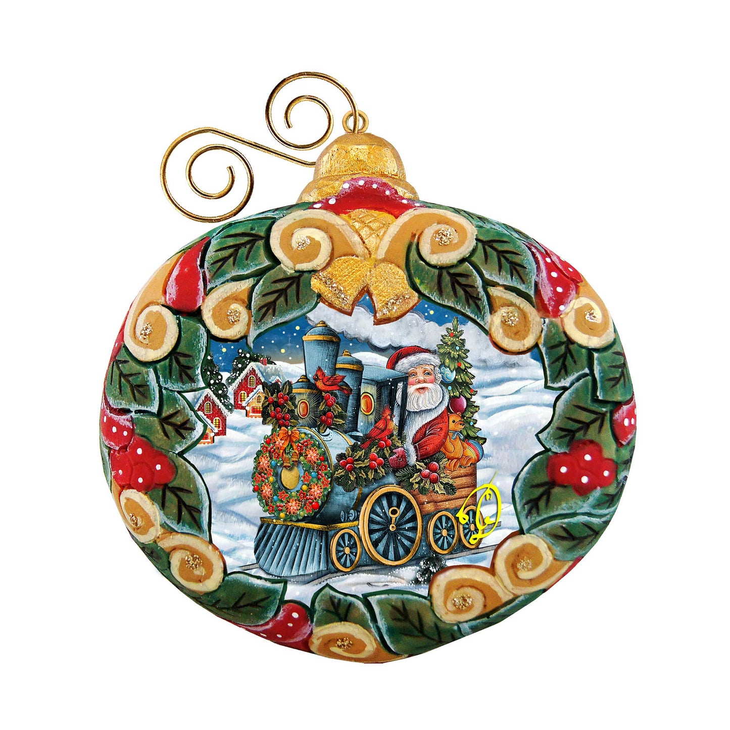 Santa Express Wreath Sculpted Hand-Painted Christmas Ornament by G. DeBrekht - Santa Snowman Christmas Decor - 610315