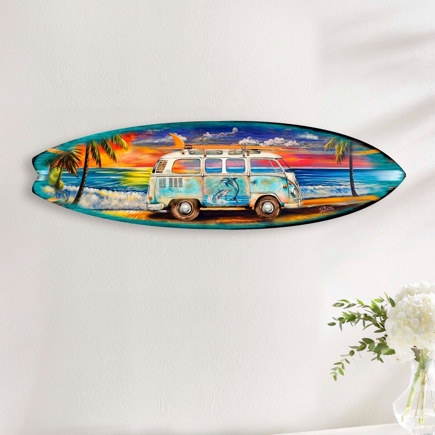 Surf Van at the Beach Surfboard Coastal Wall Art by G. DeBrekht - Coastal Holiday Decor - 8490120HS