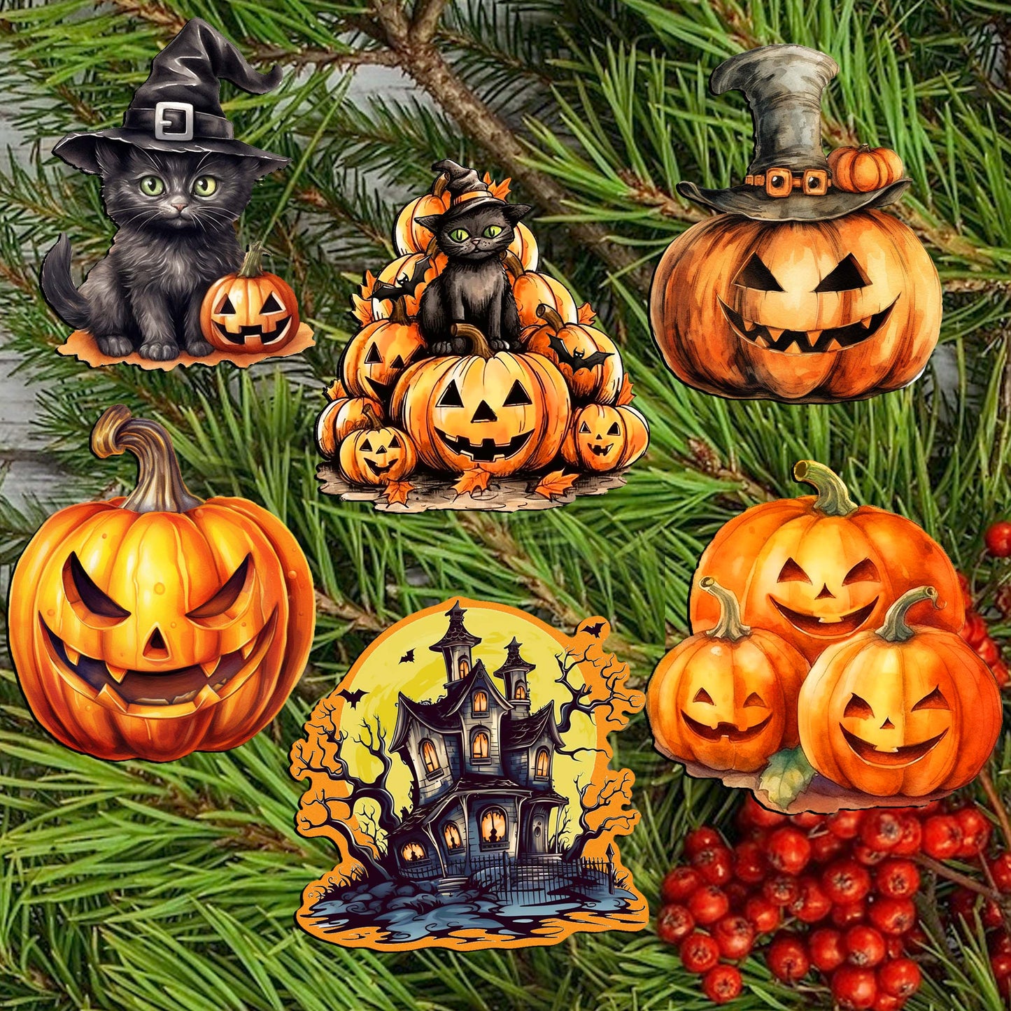 Spooky pumpkins Decorative Wooden Clip-on Ornaments of 6 by G. Debrekht - Halloween Decor - 8090019C-S6