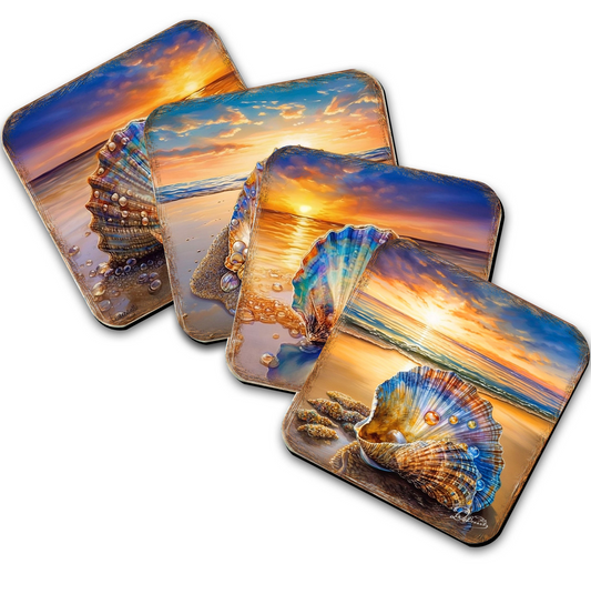 Sunset on the Beach Wooden Cork Coasters Gift Set of 4 by G. Debrekht - Coastal Holiday Décor  - 8199450C-S4