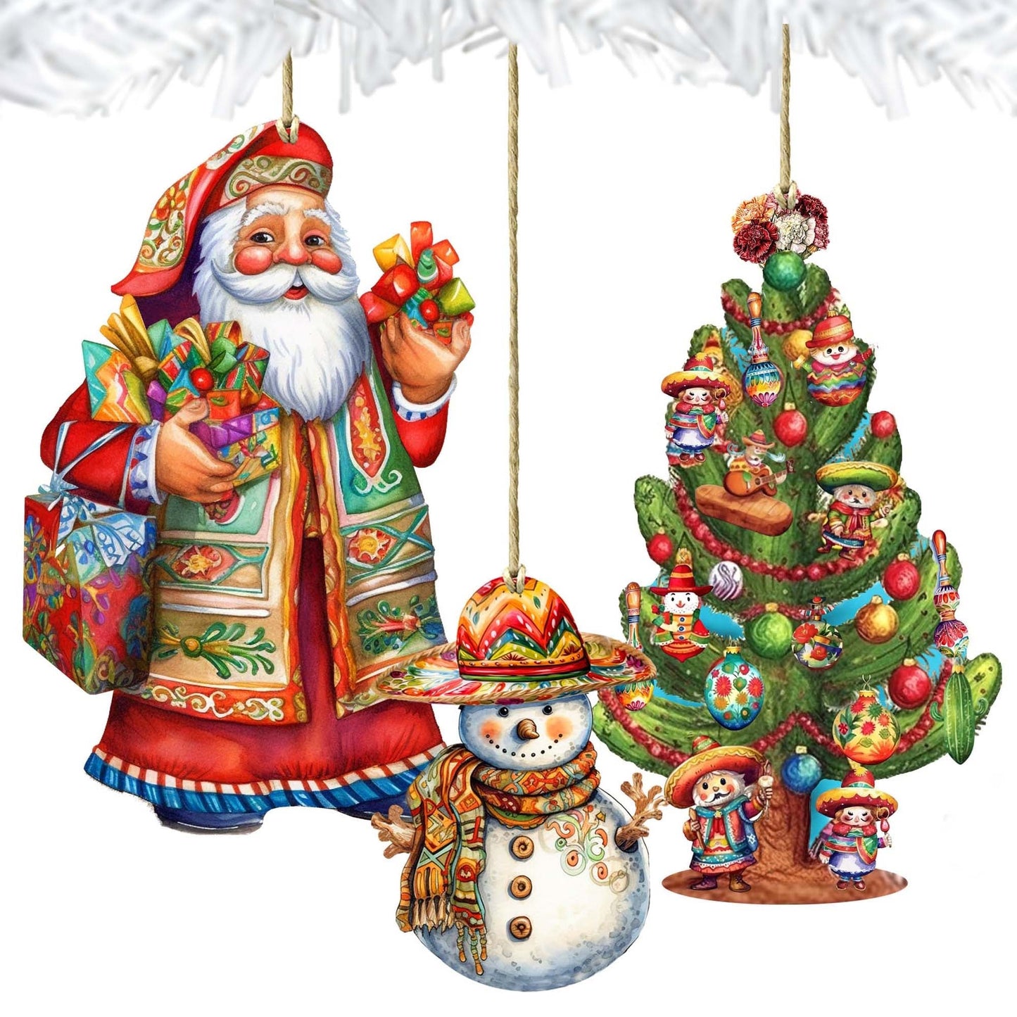 Santas Around the World - Mexican Inspired Santa - Wooden Ornaments Set of 3 by G. DeBrekht Christmas Santa Snowman Decor - 8091308S3